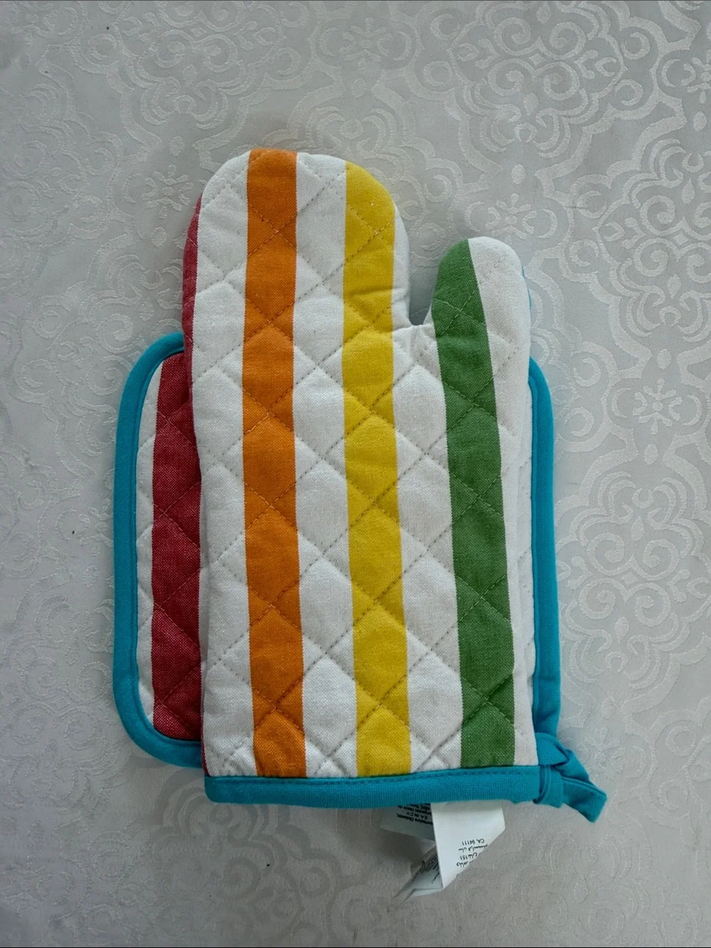 Williams Sonoma Striped Oven Mitt and Pot Holder Set in Teal Trim